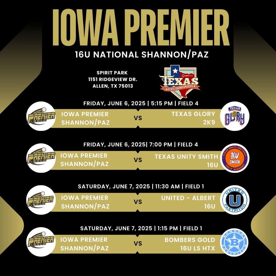 Gabby Frantz 2027 (@gabby_frantz_) on Twitter photo Canβt wait to play in Allen, Texas this weekend!
Schedule below! ππ»
<a href="/OliviaHPaz1997/">Olivia Paz</a>
<a href="/IowaPremierFP/">Iowa Premier Fastpitch</a>
<a href="/PaigeShannonIPF/">Paige Shannon</a> Canβt wait to play in Allen, Texas this weekend!
Schedule below! ππ»
<a href="/OliviaHPaz1997/">Olivia Paz</a>
<a href="/IowaPremierFP/">Iowa Premier Fastpitch</a>
<a href="/PaigeShannonIPF/">Paige Shannon</a>
