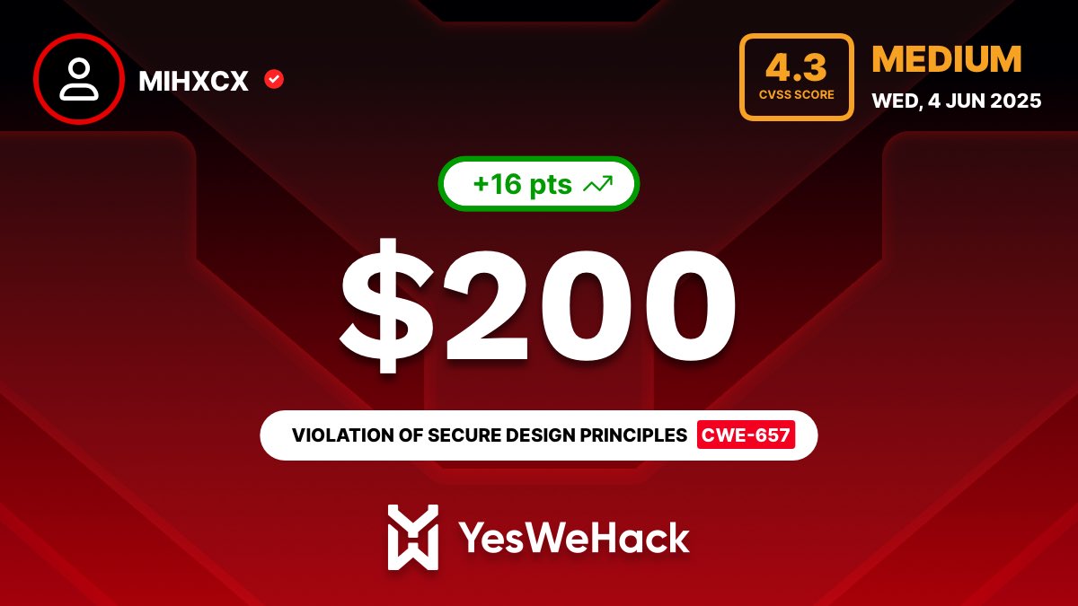 Alhamdulilah! 

Got My First Bounty! 

First Bounty always special for every hunter 🙂
Thanks to almighty Allah!

Keep prayers for mine!

#YesWeHack
#FirstBounty
#Alhamdulillah 
#BugBounty
#Hackerone