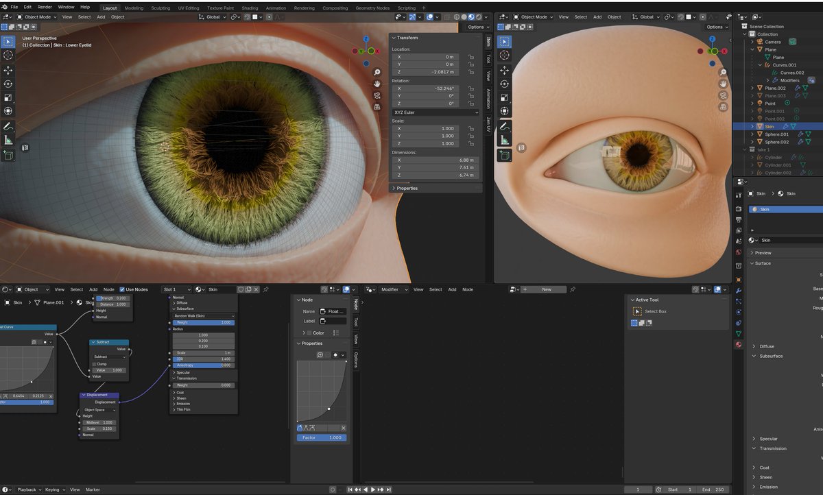 Getting obsessed with how to make a very realistic iris procedurally. Using blender's curve/hair system and geometry nodes to simulate the iris. The principled hair shader to render this out. next step is to render this to a texture.

#b3d