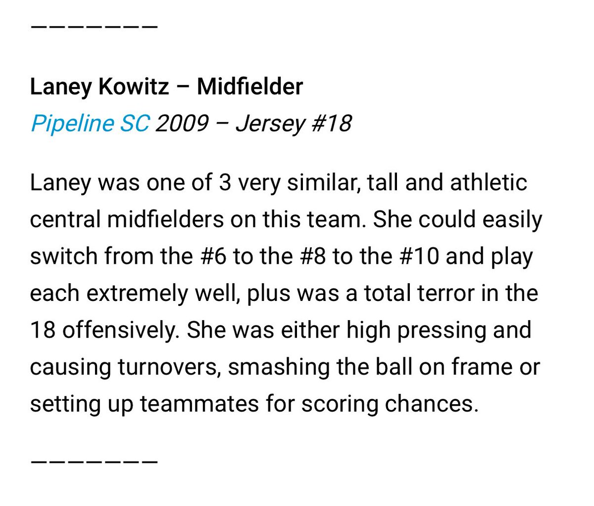 Laney Kowitz ECNL 2027 (@laneykowitz2027) on Twitter photo Thank you <a href="/TheSoccerWire/">SoccerWire</a> for this amazing recognition! I am so lucky to be surrounded by such great teammates and Coach <a href="/Alex_Shinsky/">Alex Shinsky</a>
<a href="/ImCollegeSoccer/">College Soccer Truth ™</a> <a href="/ImYouthSoccer/">ECNL/GA/Recruiting/College Soccer</a> <a href="/ECNLgirls/">ECNL Girls</a> <a href="/ECNLMidNorth/">ECNL Mid Atlantic & North Atlantic</a> Thank you <a href="/TheSoccerWire/">SoccerWire</a> for this amazing recognition! I am so lucky to be surrounded by such great teammates and Coach <a href="/Alex_Shinsky/">Alex Shinsky</a>
<a href="/ImCollegeSoccer/">College Soccer Truth ™</a> <a href="/ImYouthSoccer/">ECNL/GA/Recruiting/College Soccer</a> <a href="/ECNLgirls/">ECNL Girls</a> <a href="/ECNLMidNorth/">ECNL Mid Atlantic & North Atlantic</a>