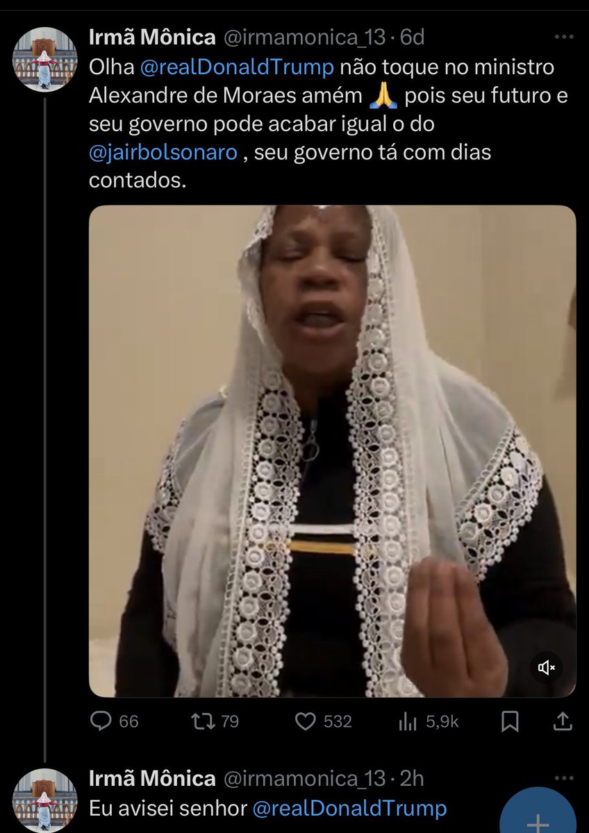 Irmã Mônica (@irmamonica_13) on Twitter photo Tá aí pra não deixar eu mentir a 6 dias atrás eu avisei ao <a href="/realDonaldTrump/">Donald J. Trump</a> que não toca-se no Xandão Tá aí pra não deixar eu mentir a 6 dias atrás eu avisei ao <a href="/realDonaldTrump/">Donald J. Trump</a> que não toca-se no Xandão
