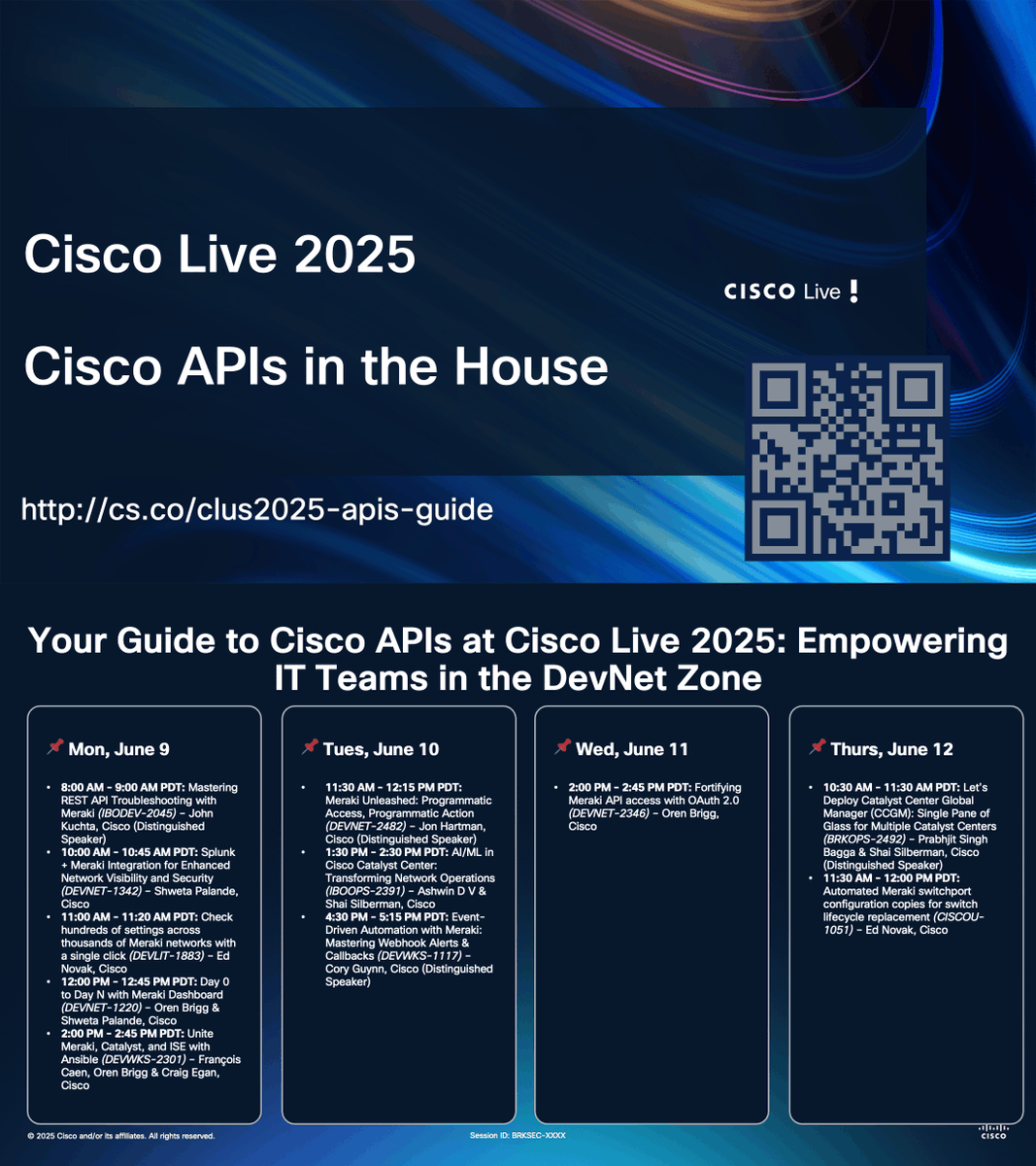 🧠✨ Ready to kick off great things in the #DevNetZone <a href="/CiscoLive/">CiscoLive</a>?

Cisco APIs are your key to unlocking powerful integrations and Empowering #IT Teams.

🗓️ Plan your schedule 👉 cs.co/clus2025-apis-…

#CiscoLive #DevNet #APIs