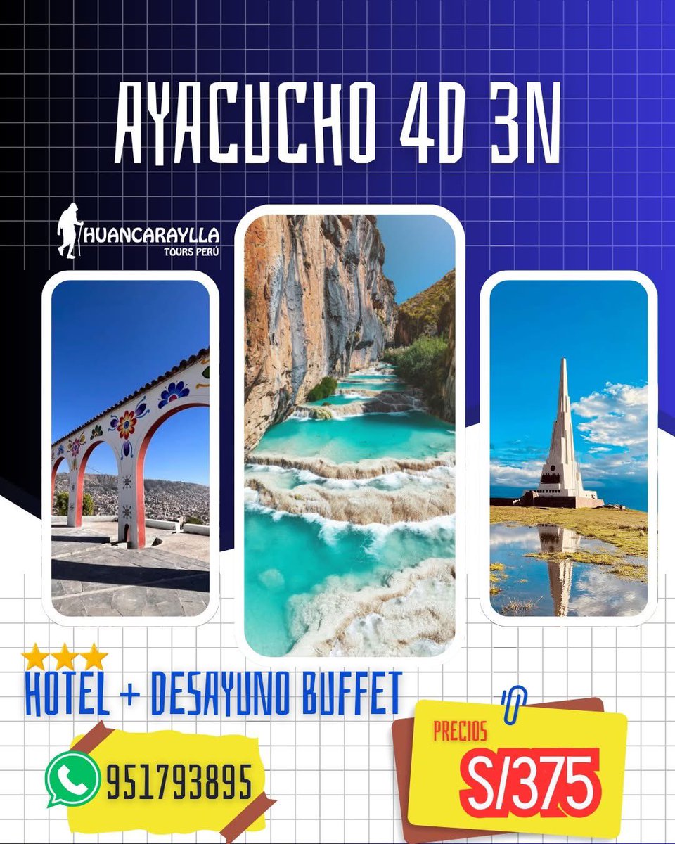 Aprovecha la oferta del mes Junio 
Ayacucho 4 días 3 noches a solo S/375 en Hotel 3 estrellas. 
Más Info wa.link/38kvjs

#HuancarayllaTours #Millpu #Ayacucho