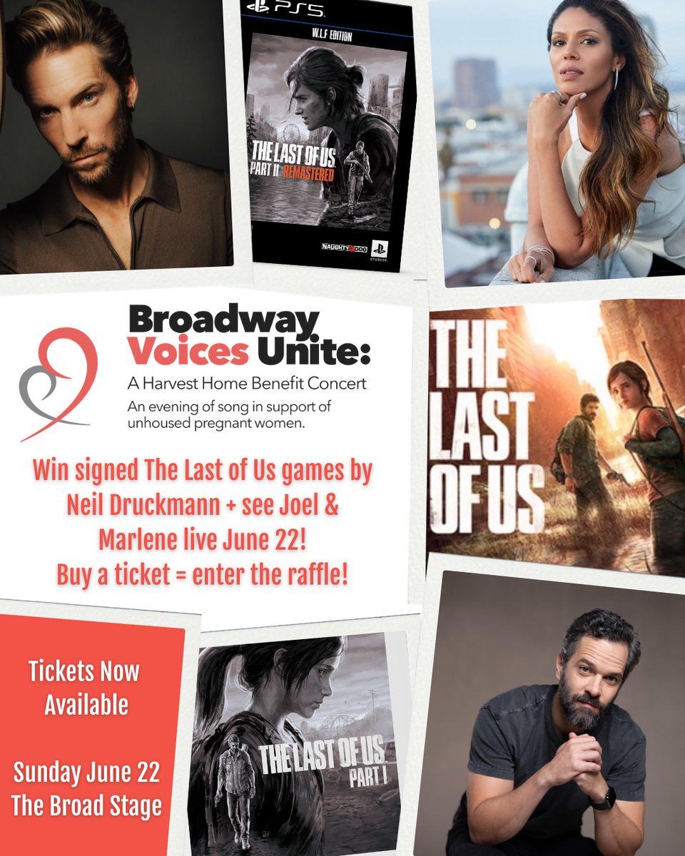 Join us June 22 at The Broad Stage in Santa Monica for a Broadway benefit concert benefiting Harvest Home!

One ticket = one raffle entry for signed collector’s editions of TLOU Part I &amp; II by Neil Druckmann!

Tickets: harvesthomela.org/broadwayvoices…

#TheLastOfUs #BroadwayVoicesUnite