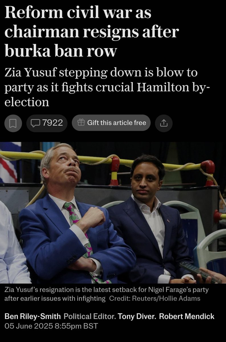 Another One Jumps Off the Reform Wreck

<a href="/ZiaYusufUK/">Zia Yusuf</a>  ditching <a href="/reformparty_uk/">Reform UK</a> proves what we already knew—it’s a sinking ship of careerists &amp; charlatans.  

No future for workers. Just division, dog-whistles, and Tory rejects.  It should change its name from Reform to Recycle.