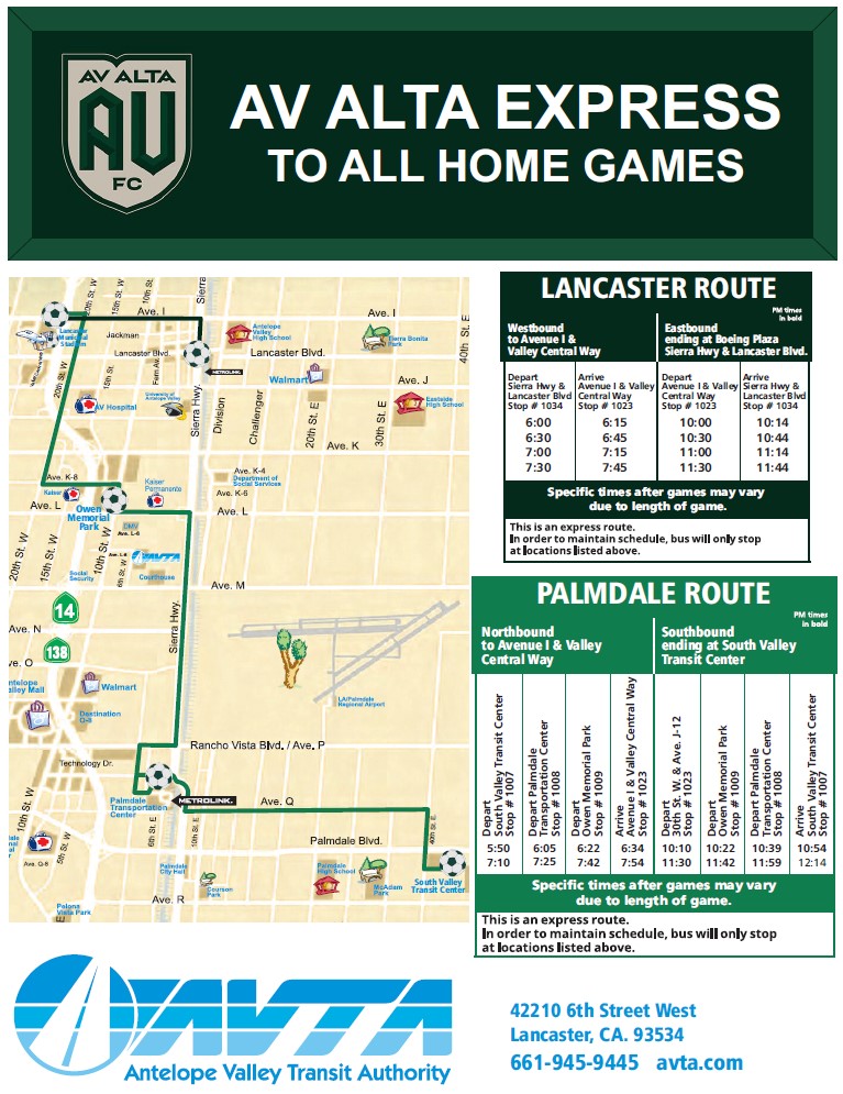 AV ALTA EXPRESS - New Summer Match Schedule Now Available! Find out more at avta.com/avta-alta-expr…
<a href="/AVALTAFC/">AV ALTA FC</a> <a href="/cityoflancaster/">City of Lancaster</a> <a href="/PalmdaleCity/">City of Palmdale</a> #transit #soccer #futbol #usl #uslleagueone #AntelopeValley