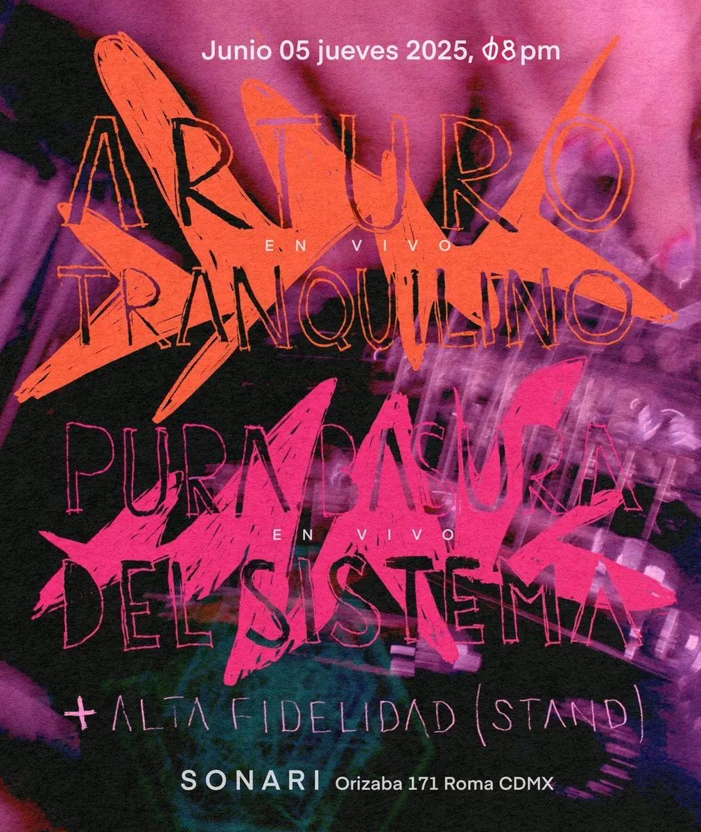 Hoy, Arturo Tranquilino (<a href="/fryturama/">fryturama</a>) y Pura Basura del Sistema, en vivo en una sesión íntima de noise, guitarras abstractas y experimentación.

Acompaña: Alta Fidelidad (stand)

—Jueves 5 de Junio (8pm-11pm Live sets) @ Sala Sonari
En Orizaba #171 B,  col Roma CDMX 
Entrada Libre
