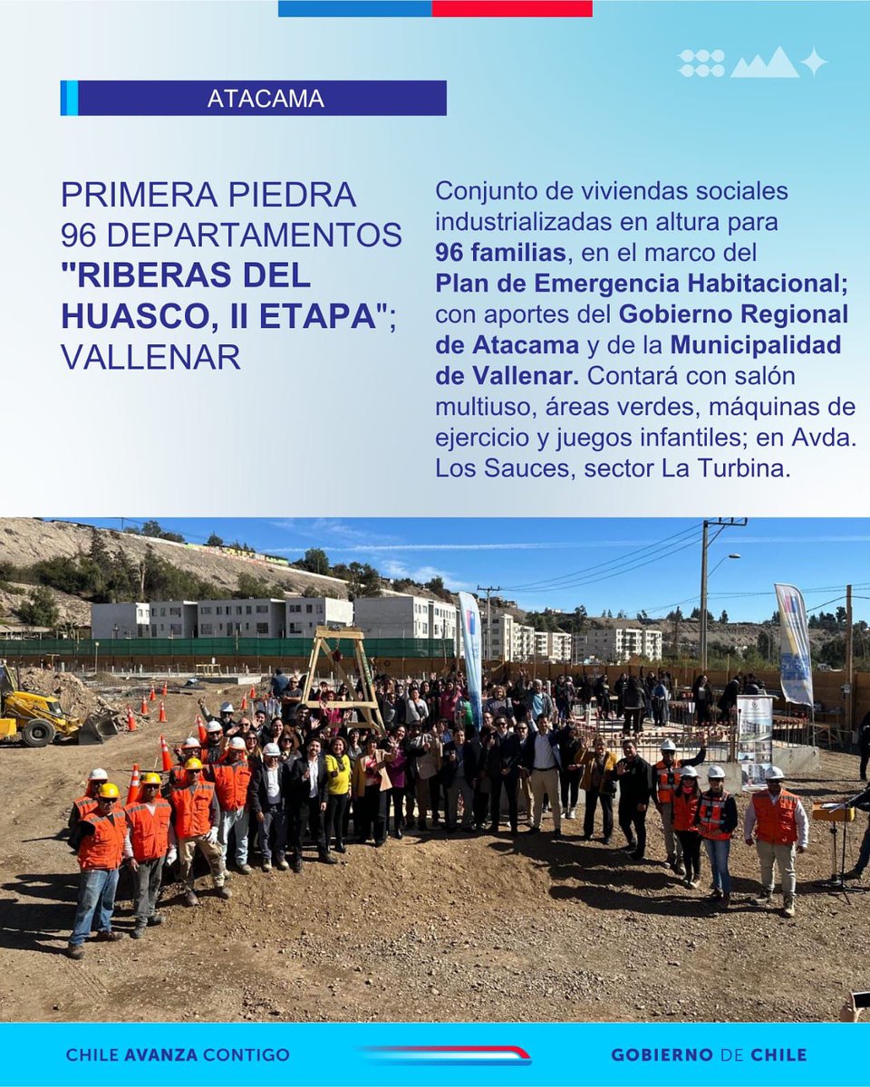 ¡Todo es felicidad para 96 familias de Vallenar durante la ceremonia de colocación de la primera piedra de su conjunto habitacional industrializado DS49 <a href="/Minvu/">MINVU - Chile</a> “Riberas del Huasco II Etapa”; con aportes Gore-Core y en un ex terreno municipal! #planemergenciahabitacional 🏗️ 🏡 ❤️
