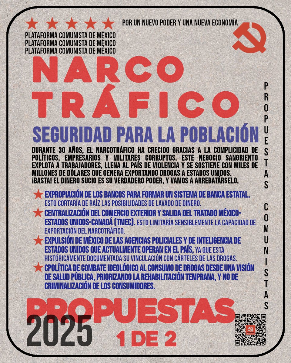 PlataformaPCM's tweet image. #PropuestasPCM ¿Qué proponemos para acabar con el narcotráfico?

El narcotráfico es un negocio criminal  que ha crecido aceleradamente en nuestro país en los últimos 30 años. Se  ha entrelazado indisolublemente con los empresarios, militares y los  partidos de la burguesía. Esta…