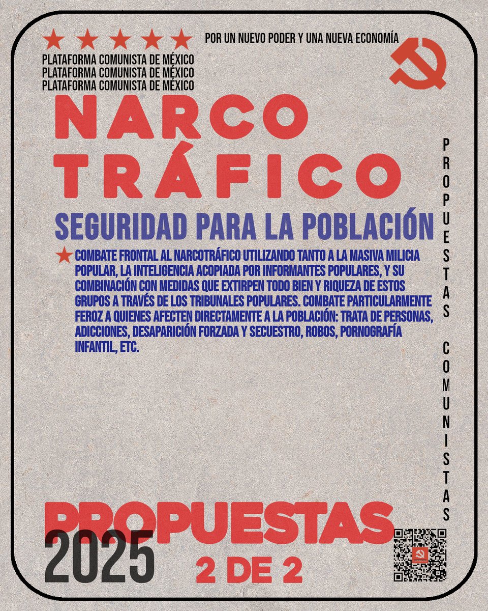 PlataformaPCM's tweet image. #PropuestasPCM ¿Qué proponemos para acabar con el narcotráfico?

El narcotráfico es un negocio criminal  que ha crecido aceleradamente en nuestro país en los últimos 30 años. Se  ha entrelazado indisolublemente con los empresarios, militares y los  partidos de la burguesía. Esta…