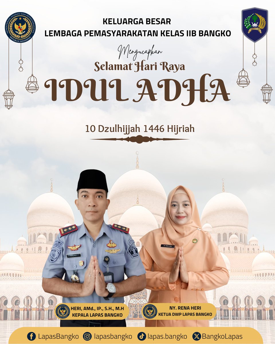 lapasbangko_'s tweet photo. KELUARGA BESAR LEMBAGA PEMASYARAKATAN KELAS IIB BANGKO Mengucapkan Selamat Hari Raya Idul Adha 1446 Hijriah

#KemenimipasRI
#Guardanguide
#Infoimipas
#Pemasyarakatan
#KanwilDitjenpasJambi
#Hidayat
#lapasbangko https://t.co/DhxSlQ9EFD