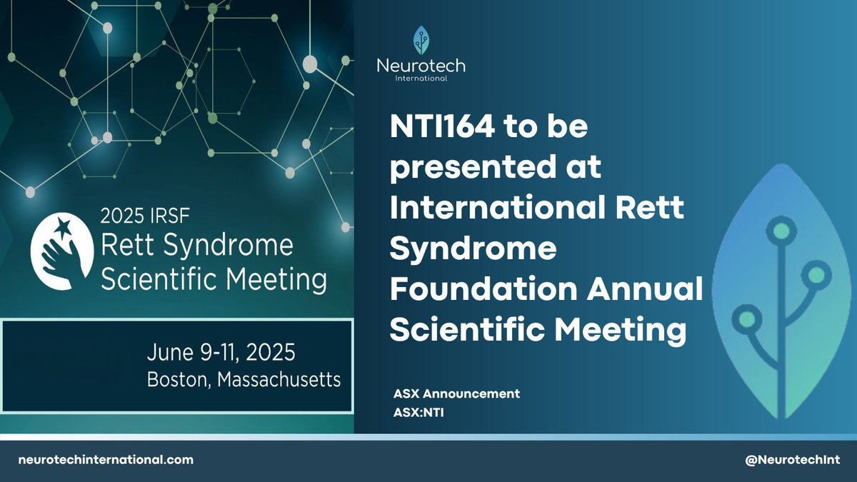 Neurotech International (@neurotechint) on Twitter photo We've been invited to share our clinical findings on NTI164 at the International <a href="/Rettsyndrome/">International Rett Syndrome Foundation</a> Foundation Scientific Meeting, 9–11 June in Boston.
Our Principal Investigator, Professor Carolyn Ellaway, will present both a poster and an oral presentation detailing outcomes from We've been invited to share our clinical findings on NTI164 at the International <a href="/Rettsyndrome/">International Rett Syndrome Foundation</a> Foundation Scientific Meeting, 9–11 June in Boston.
Our Principal Investigator, Professor Carolyn Ellaway, will present both a poster and an oral presentation detailing outcomes from