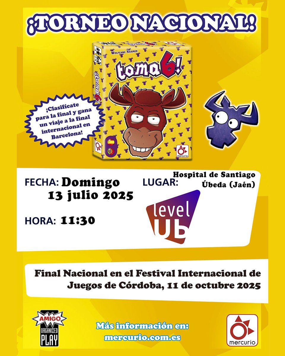 ¡Consigue el menor número de puntos en Toma 6! Pero cuidado, porque si colocas la sexta carta, te llevarás toda la columna. Junto a <a href="/Mercurio_Juegos/">Mercurio Distribuciones</a> organizamos un torneo clasificatorio nacional. No te lo pierdas, que habrá muucha diversión.
#levelub25 #ubeda #friki #juegosdemesa