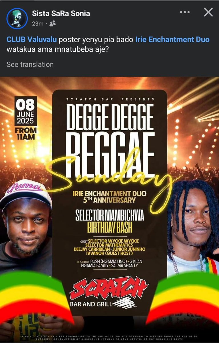 SATURDAY NA SUNDAY NI IRIE ENCHANTMENT TOUCH
CHECK POSTERS FOR MORE DETAILS 

#GODEHYAKA 
<a href="/__kev0/">54-46</a> 
<a href="/_itsmwas/">mwabe</a> 
<a href="/_jabanese/">Babu</a> 
@CharlesOmusul16 
<a href="/City_champee/">_Keane:)</a> 
<a href="/EnosQi1/">SHIT FC</a> 
<a href="/collins__kolo/">Captain Koloo</a> 
<a href="/gaddafffii/">Rub-A-Dub</a> 
<a href="/ghajinimreggae/">𝙂𝙃𝘼𝙅𝙄𝙉𝙄</a> 
<a href="/ka_pyenga/">𝘾𝙝𝙚 𝙂𝙪𝙚𝙫𝙖𝙧𝙖</a> 
<a href="/Reggaewailer/">IStandwithSudan🇸🇩</a>