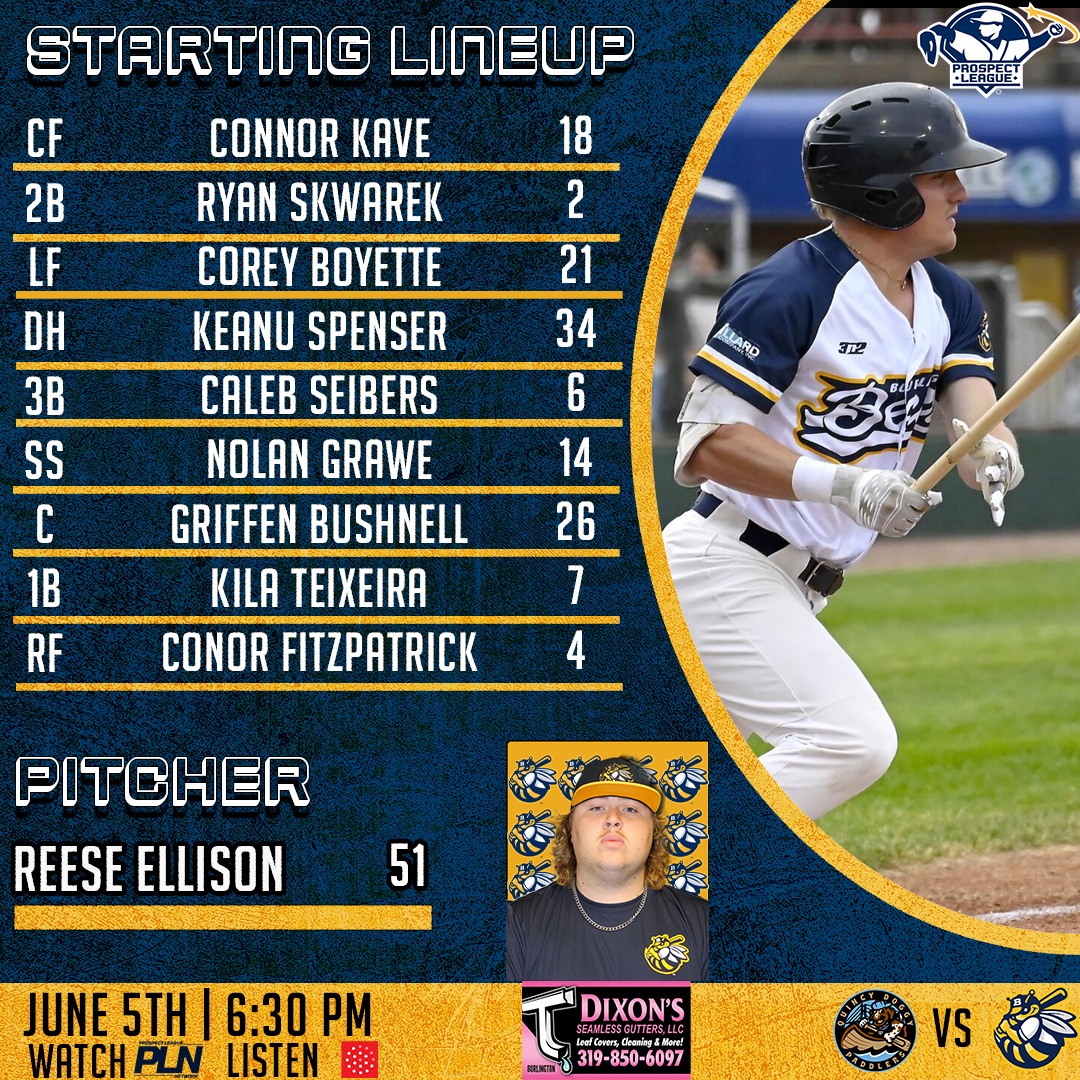 BurlingtonBees's tweet photo. Tonight's lineup card presented by Dixon's Seamless Gutters! https://t.co/luwLqMNBVP