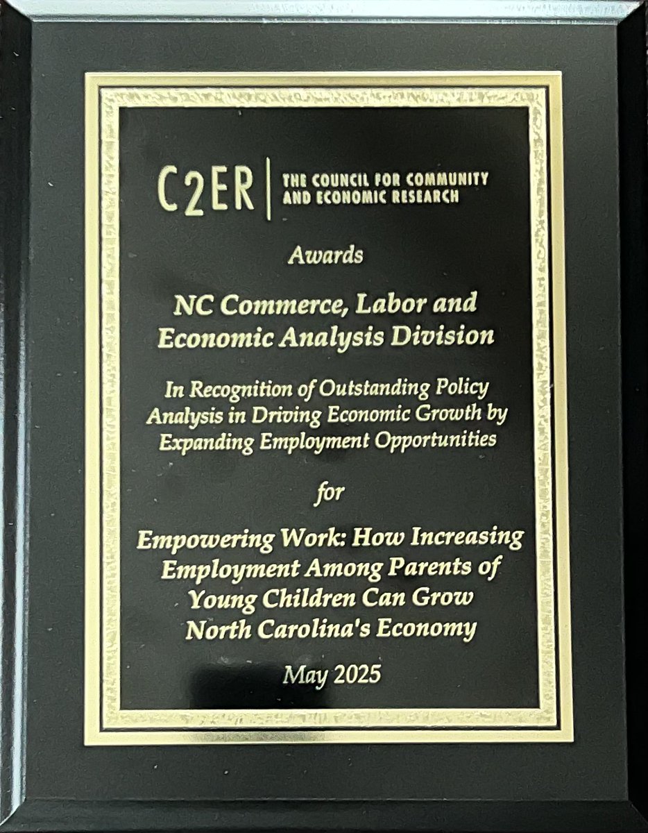 Big news! LEAD won the Best Policy Analysis award at the C2ER Conference for our report, "Empowering Work: How Increasing Employment Among Parents of Young Children Can Grow North Carolina's Economy." Proud to see this important work recognized! 👏🎉
🔗ow.ly/cB3P50W579b
