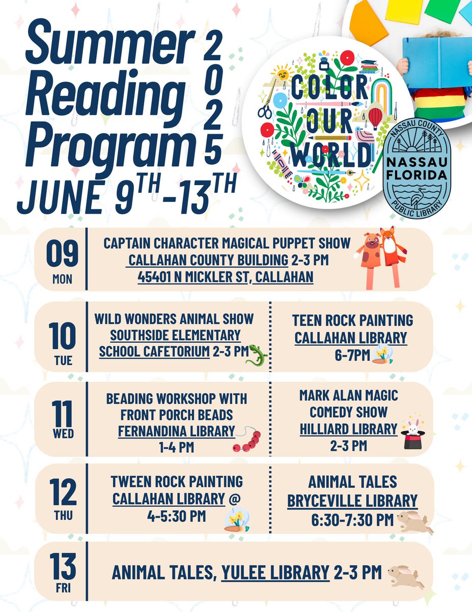 LIBRARY PROGRAMS JUNE 9 - JUNE 13, 2025
Below is a sampling of Library programs taking place this week. A full calendar of events can be found at nassaureads.com.