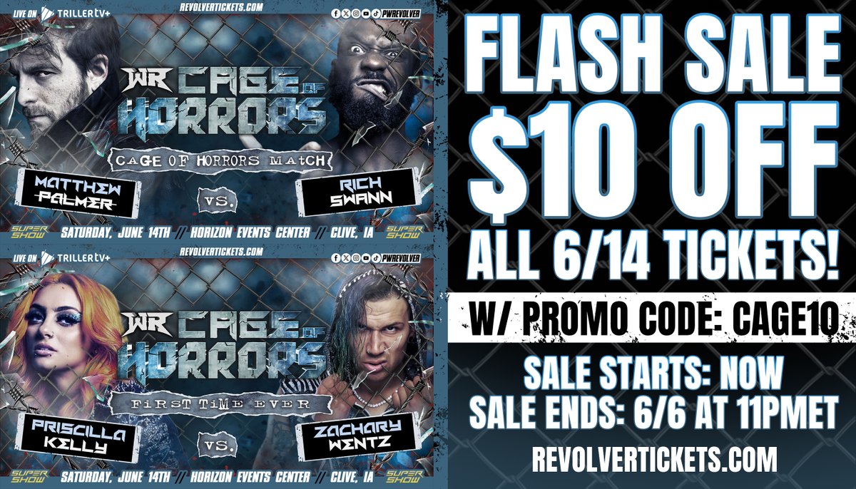 *FLASH SALE*

$10 OFF - All 6/14 #RevolverCAGE Tickets!
w/ Promo Code: CAGE10

Sale Starts: NOW
Sale Ends: 6/6 at 11pmET

RevolverTickets.com