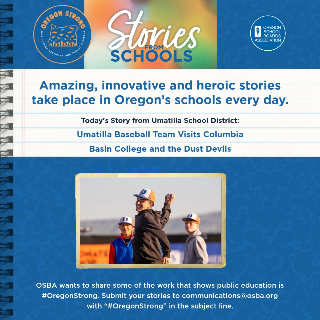 OSBA (@osbanews) on Twitter photo Today we have a story from Umatilla School District: Umatilla Baseball Team Visits Columbia Basin College and the Dust Devils
Read more: umatilla.k12.or.us/article/2177427
#OregonStrong #oregon #publiceducation #studentsuccess #educationmatters <a href="/umatillaschools/">Umatilla School District</a> Today we have a story from Umatilla School District: Umatilla Baseball Team Visits Columbia Basin College and the Dust Devils
Read more: umatilla.k12.or.us/article/2177427
#OregonStrong #oregon #publiceducation #studentsuccess #educationmatters <a href="/umatillaschools/">Umatilla School District</a>