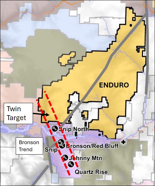 Seabridge Gold today announced an 8000 m delineation drill program on their Snip North discovery, 1200 m south of Enduro’s Newmont Lake.  This newly recognized “Bronson Trend” projects into our new Twin target. $ENDR #GoldenTriangle #porphyry