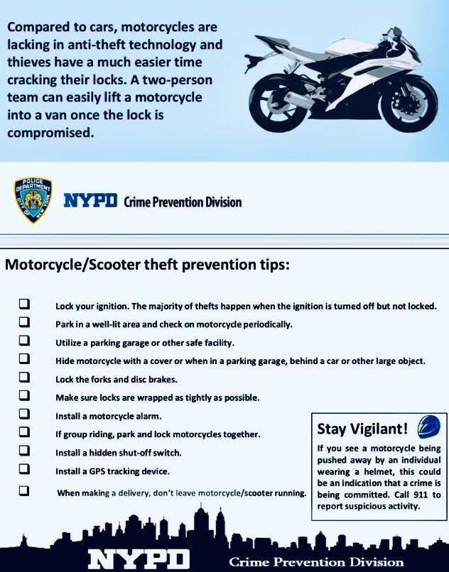 Motorcycle security relies on the quality &amp; quantity of anti-theft devices you are able to use to protect your motorcycle. 

🏍️ Use high-quality locking devices. 🔒
🏍️ Install an audible alarm. 🚨
🏍️ Add a tracking device. 🗺️