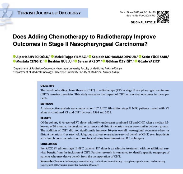 Alper Kahvecioglu MD (@kahvecioglu_a) on Twitter photo 👉🏻 Our new publication suggests no survival benefit from adding CHT to RT in stage II NPC
👉🏻 While RT alone was effective overall, selected patients might still benefit from tailored use of CHT⁉️
👉🏻 CONC: More data needed ✅
<a href="/mtugceyilmaz/">Melek Tugce Yilmaz MD</a> <a href="/SepideMoh/">Sepideh Mohammadipour</a>
onkder.org/abstract.php?l… 👉🏻 Our new publication suggests no survival benefit from adding CHT to RT in stage II NPC
👉🏻 While RT alone was effective overall, selected patients might still benefit from tailored use of CHT⁉️
👉🏻 CONC: More data needed ✅
<a href="/mtugceyilmaz/">Melek Tugce Yilmaz MD</a> <a href="/SepideMoh/">Sepideh Mohammadipour</a>
onkder.org/abstract.php?l…