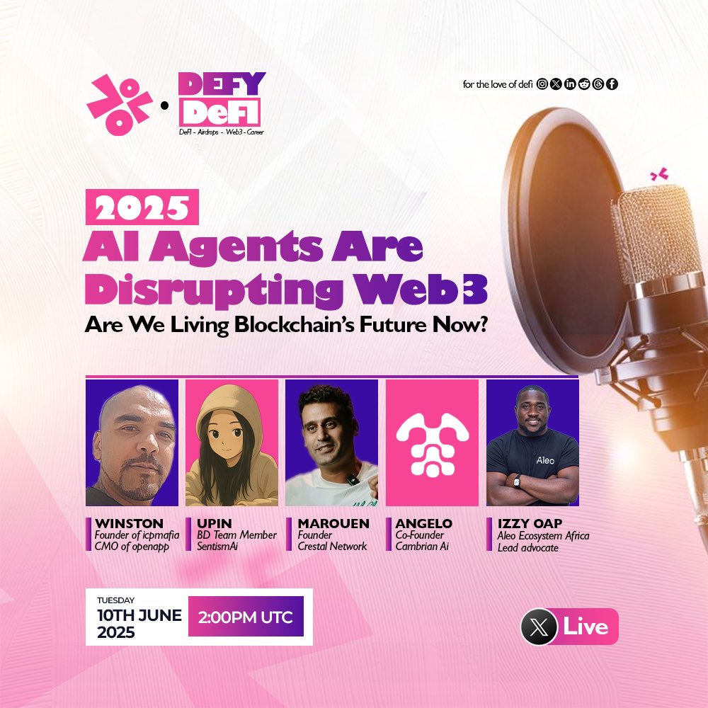 GeeAkpan's tweet photo. ‼️AI Agents are NOT bots.

They’re autonomous digital workers, and they’re reshaping how Web3 functions.

On June 10th at 2PM UTC, we go deep on the rise of AI Agents and their role in the decentralized future.

🗣️ Topic:
2025: AI Agents Are Disrupting the Future; Are We Living Blockchain’s Future Now?

I have the privilege of co-hosting this with my brother, @isreal_izzyH (@AleoHQ Ecosystem, Africa Lead).

🚨 SPEAKERS LINEUP:
• Angelo – Co-founder, @cambrian_ai (AI infra on @SeiNetwork)

• @marouen19 – Founder, @crestalnetwork (No-code AI agent tooling)

• @upin – @Sentism_ai (AI agent layer powering Web3 gaming on BNB Chain)

• Winston – Founder, @icpmafia, KOL at @ICPHUBS.

In this space, we will be exploring: 

➡️ What sets AI Agents apart from bots
➡️ How infra teams are shaping the next era of automation
➡️ Key opportunities across Sei, BNB, Aleo, Crestal Network, Cambrian and ICP!
➡️ Alphas + ecosystem gems for devs & builders

⏰ Set a reminder. You don’t want to miss this wave.

This is a space you should not miss!