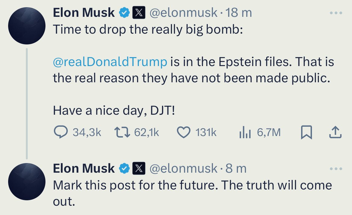 OMG! Le clash Trump - Musk se poursuit sur les réseaux sociaux et c’est explosif comme en témoignent les messages ci-dessous. Donald menace de s’en prendre aux contrats d’Elon avec l’état fédéral tandis qu’Elon accuse Donald d’être impliqué dans l’affaire Epstein. L’alliance