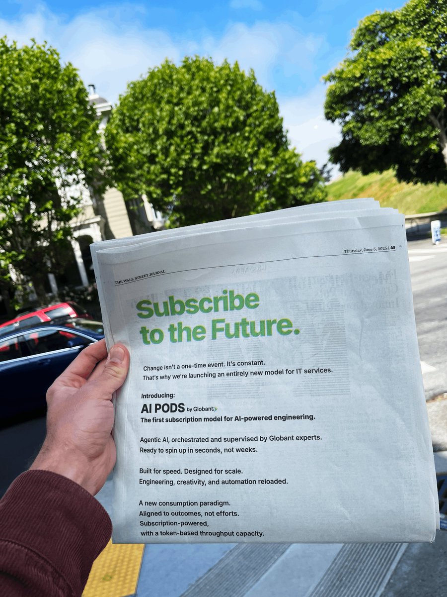 Globant's tweet photo. So, we got exciting news. You can check it out yourself on @WSJ .
We are presenting Globant AI Pods, the first subscription model for Al-powered engineering.
Agentic AI orchestrated by Globant experts aligned to outcomes, not efforts. ➡️ https://t.co/ChJQ2PL4Ck.
#AIPods https://t.co/hUA4JqsfMy