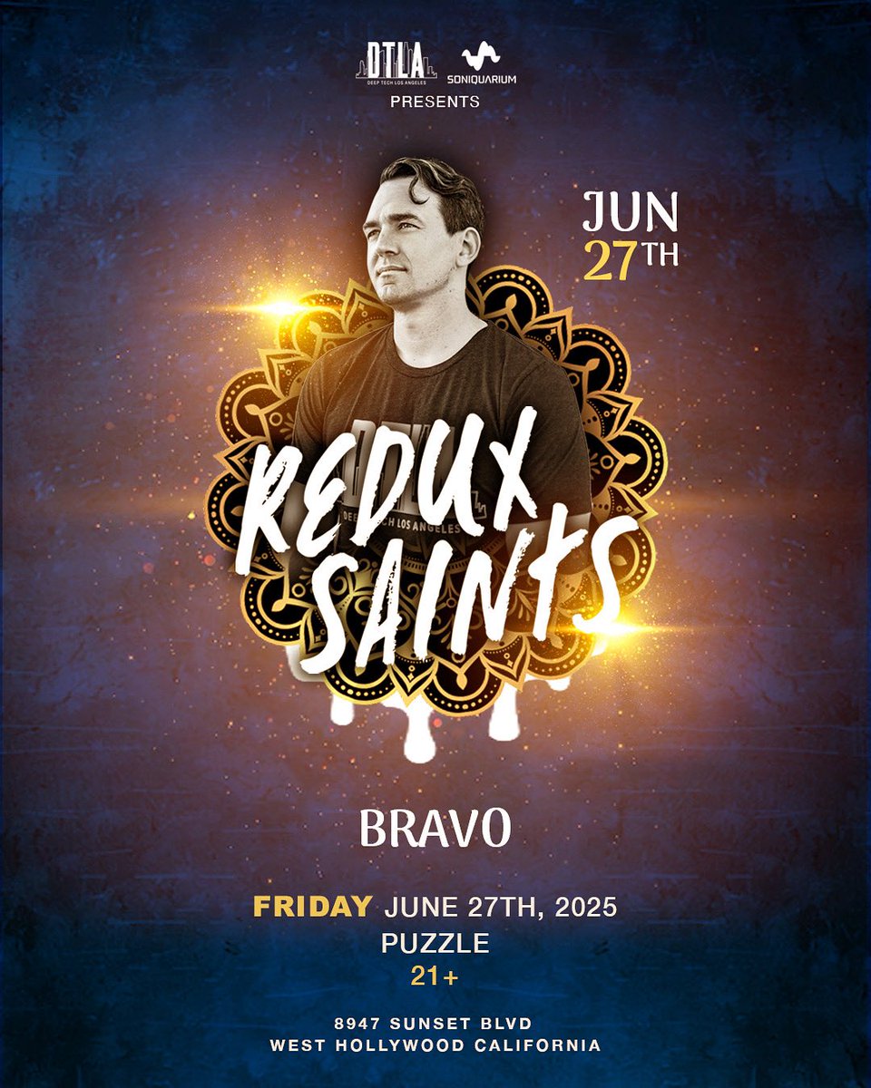 Redux Saints (@reduxsaints) on Twitter photo <a href="/soniquarium/">Soniquarium</a> x <a href="/DeepTechLA/">Deep Tech Los Angeles Records</a> present a night of pure underground house at Puzzle in West Hollywood 🧩
📅 Friday, June 27th
🕙 10PM - 2AM
📍 8947 Sunset Blvd
🎟️ Tickets: Posh.VIP
🔊 Redux Saints – bringing that signature tech house sound
Support:
💥 <a href="/Bravomatic/">Brav0</a> <a href="/soniquarium/">Soniquarium</a> x <a href="/DeepTechLA/">Deep Tech Los Angeles Records</a> present a night of pure underground house at Puzzle in West Hollywood 🧩
📅 Friday, June 27th
🕙 10PM - 2AM
📍 8947 Sunset Blvd
🎟️ Tickets: Posh.VIP
🔊 Redux Saints – bringing that signature tech house sound
Support:
💥 <a href="/Bravomatic/">Brav0</a>