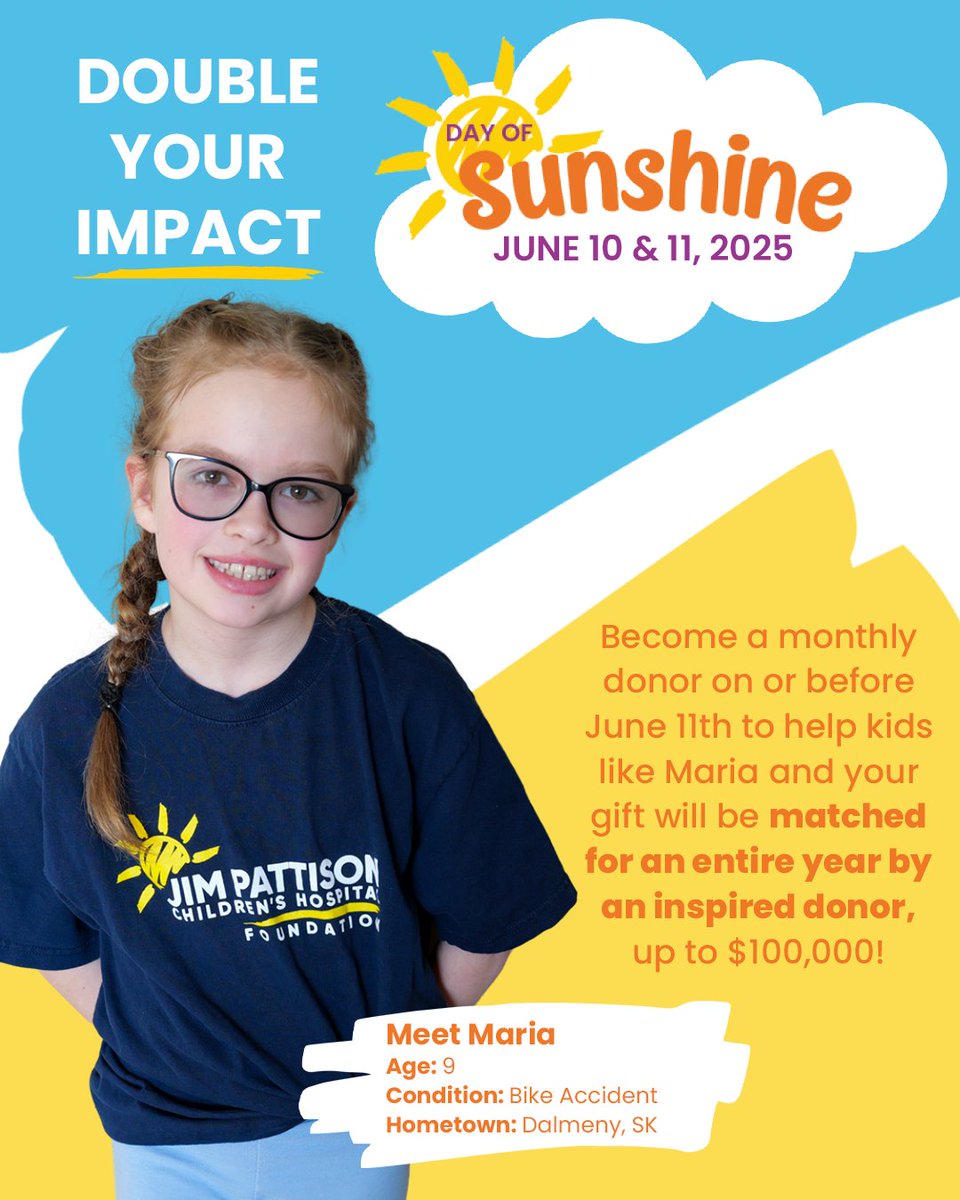 ☀It's the Jim Pattison Children's Hospital Foundation Day of Sunshine!

Become a monthly donor or make a donation to The Jim Pattison Children's Hospital Foundation TODAY or TOMORROW, and your gift will be DOUBLED, up to $100,000, thanks to an inspired donor💜

<a href="/PattisonKids/">Jim Pattison Children's Hospital Foundation</a>