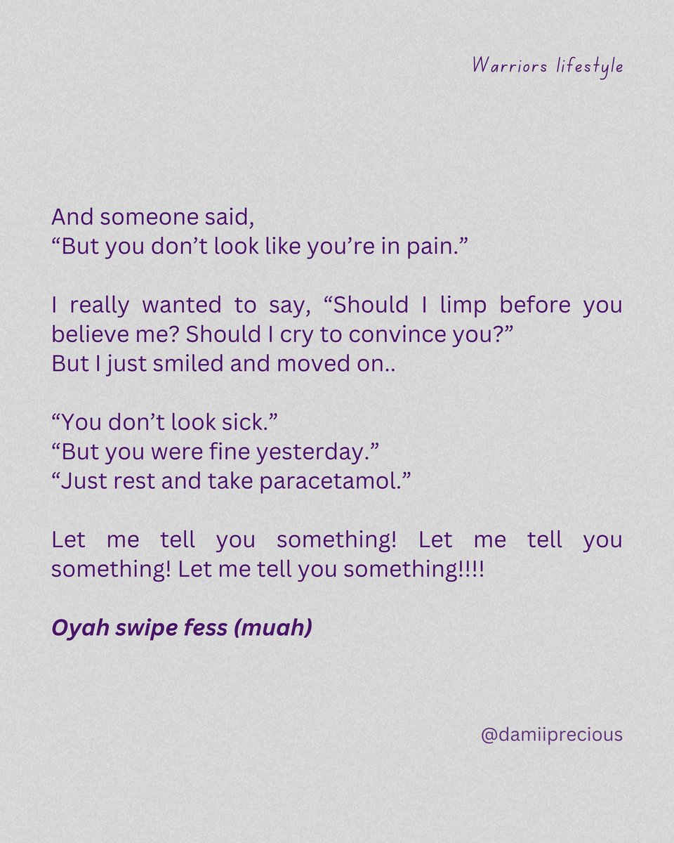 _damiprecious's tweet photo. Day 5/30

Not all pain is visible.
Not all pain is loud.
But every pain is real. 💜

What’s something people assume about you that’s not true? https://t.co/oh2PuiSBOL