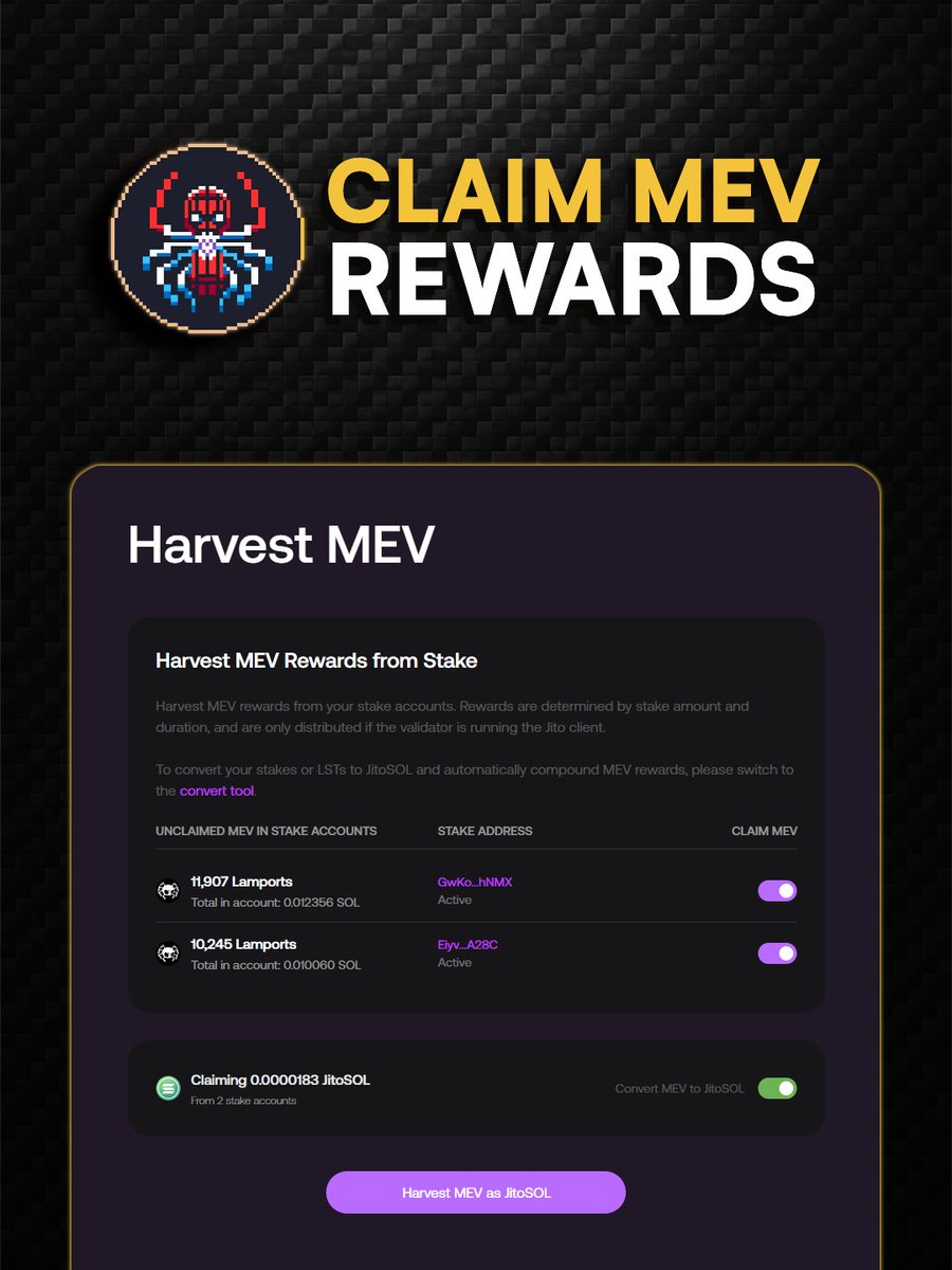 Spiderswap (@spdrswap) on Twitter photo Don’t leave rewards unclaimed.
The SPDR Validator runs Jito-Solana, (<a href="/jito_labs/">Jito Labs</a>) meaning you’re earning extra MEV rewards alongside your standard $SOL yield.
Head to the Jito Harvest tool to claim what's yours. 👇
(Button soon integrated to Spiderswap) Don’t leave rewards unclaimed.
The SPDR Validator runs Jito-Solana, (<a href="/jito_labs/">Jito Labs</a>) meaning you’re earning extra MEV rewards alongside your standard $SOL yield.
Head to the Jito Harvest tool to claim what's yours. 👇
(Button soon integrated to Spiderswap)