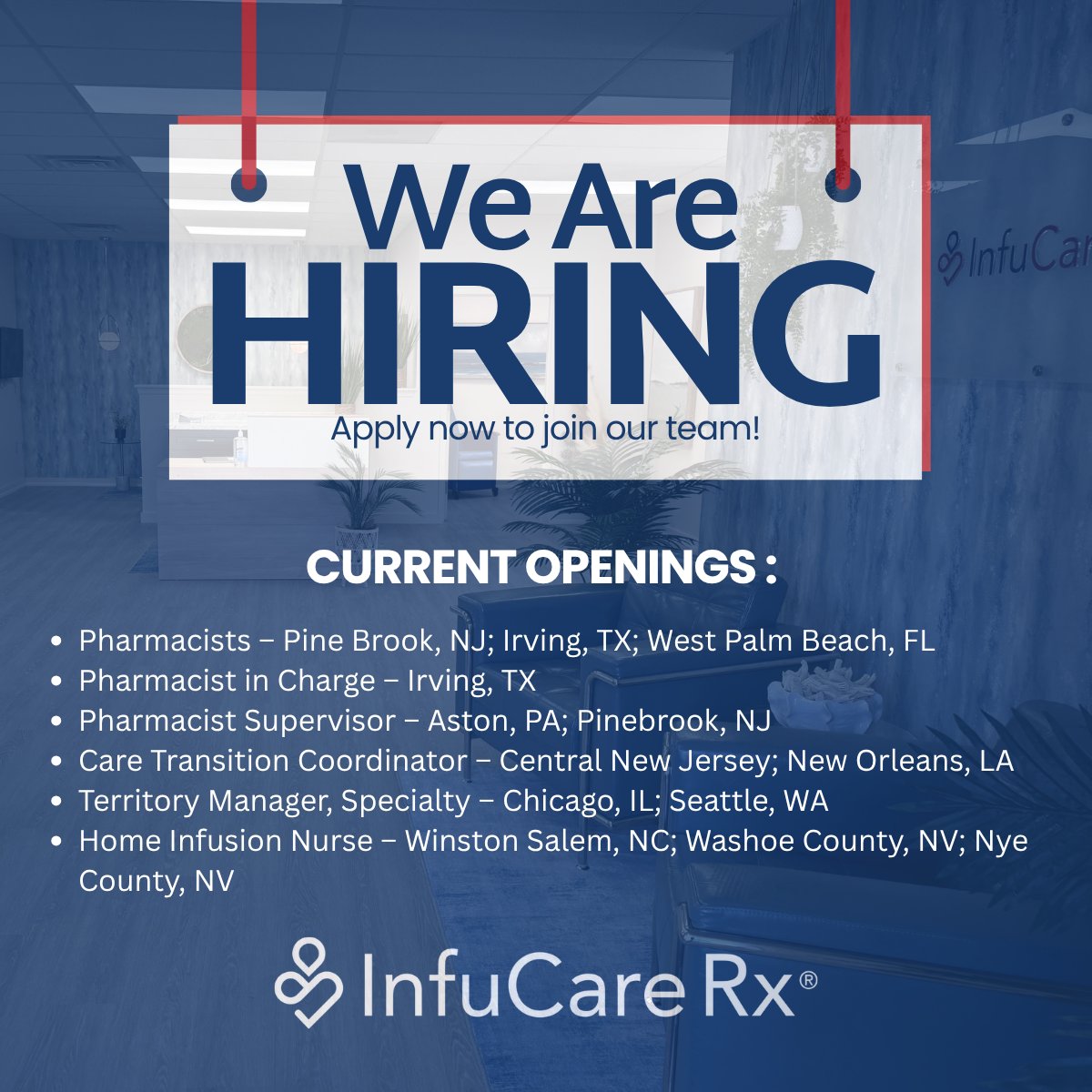 Our team is growing with many positions available! Please use the link below to see a complete list of all open positions at InfuCare Rx. 
workforcenow.adp.com/mascsr/default… 

#PharmacyJobs #InfusionNurses #CTC #RemoteJobs #HealthCare #Hiring #SpecialtyPharmacy