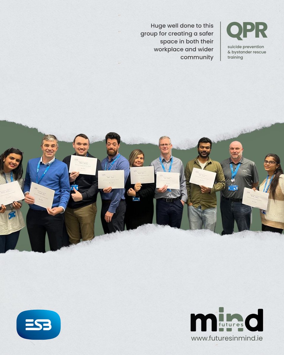 Futures In Mind (@futures_in_mind) on Twitter photo 👏 A big well done to the team at <a href="/ESBNetworks/">ESB Networks</a> Head Office for completing QPR Gatekeeper Suicide Prevention Training with Futures In Mind. Your willingness to learn how to recognise the signs, ask the difficult questions, and offer support could be life-changing. 💚
📊 Research 👏 A big well done to the team at <a href="/ESBNetworks/">ESB Networks</a> Head Office for completing QPR Gatekeeper Suicide Prevention Training with Futures In Mind. Your willingness to learn how to recognise the signs, ask the difficult questions, and offer support could be life-changing. 💚
📊 Research