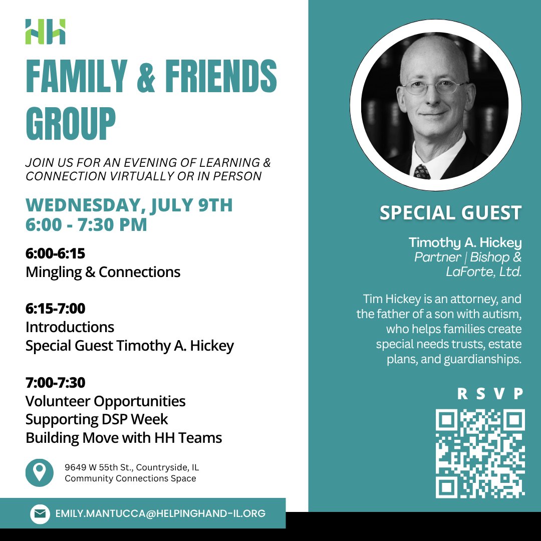 Mark your calendars for Wednesday, July 9th! 📆

You're invited to join us and special guest, Timothy Hickey, to our Friends and Family Group! Use this opportunity to connect and learn about trusts, estate plans, and guardianships!

RSVP here: form.jotform.com/250145125350141