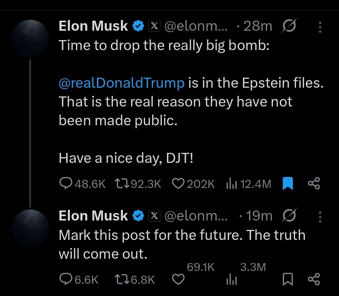 ‼️🇺🇸 JUST IN: Elon Musk just claimed that President Trump is implicated in the Epstein files and that is why they are not released yet. 👀‼️