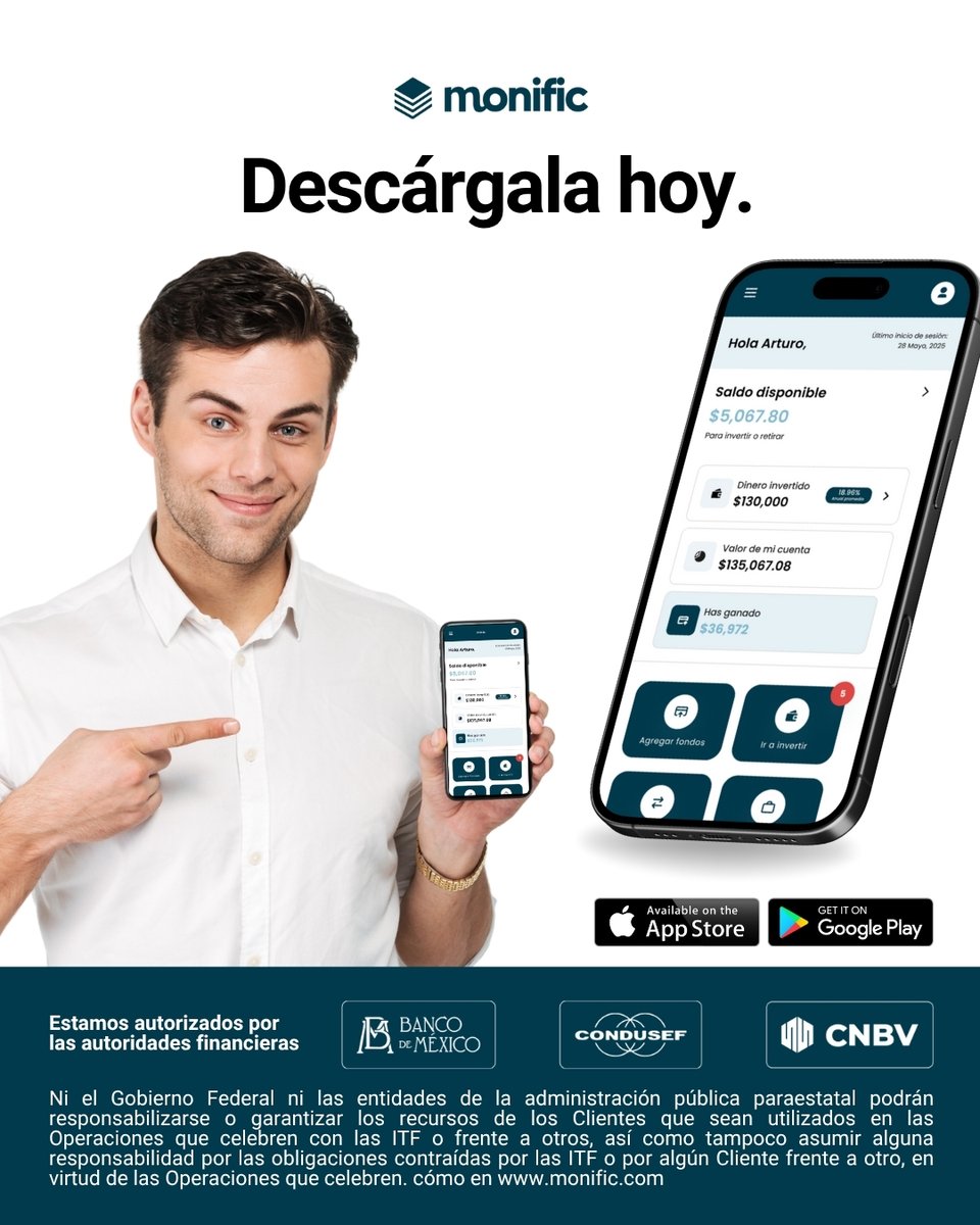 Decías "yo merezco más".
Tu app de inversión no lo decía… hasta hoy.
Monific se rediseñó:
- rápida
- clara
- fácil

Desde $1,000 MXN.
Con rendimientos fijos y variables.
📲 Actualízala o descárgala.
Tu cel ya hace de todo. Que invertir sea una de esas cosas.