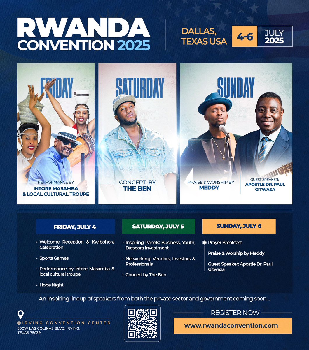 Only amazing things await you at #RwandaConvention2025!

This is a celebration you don’t want to miss.

Register now via rwandaconvention.com and let’s celebrate Rwanda together!

#KarameRwanda
#GahundaniDallas