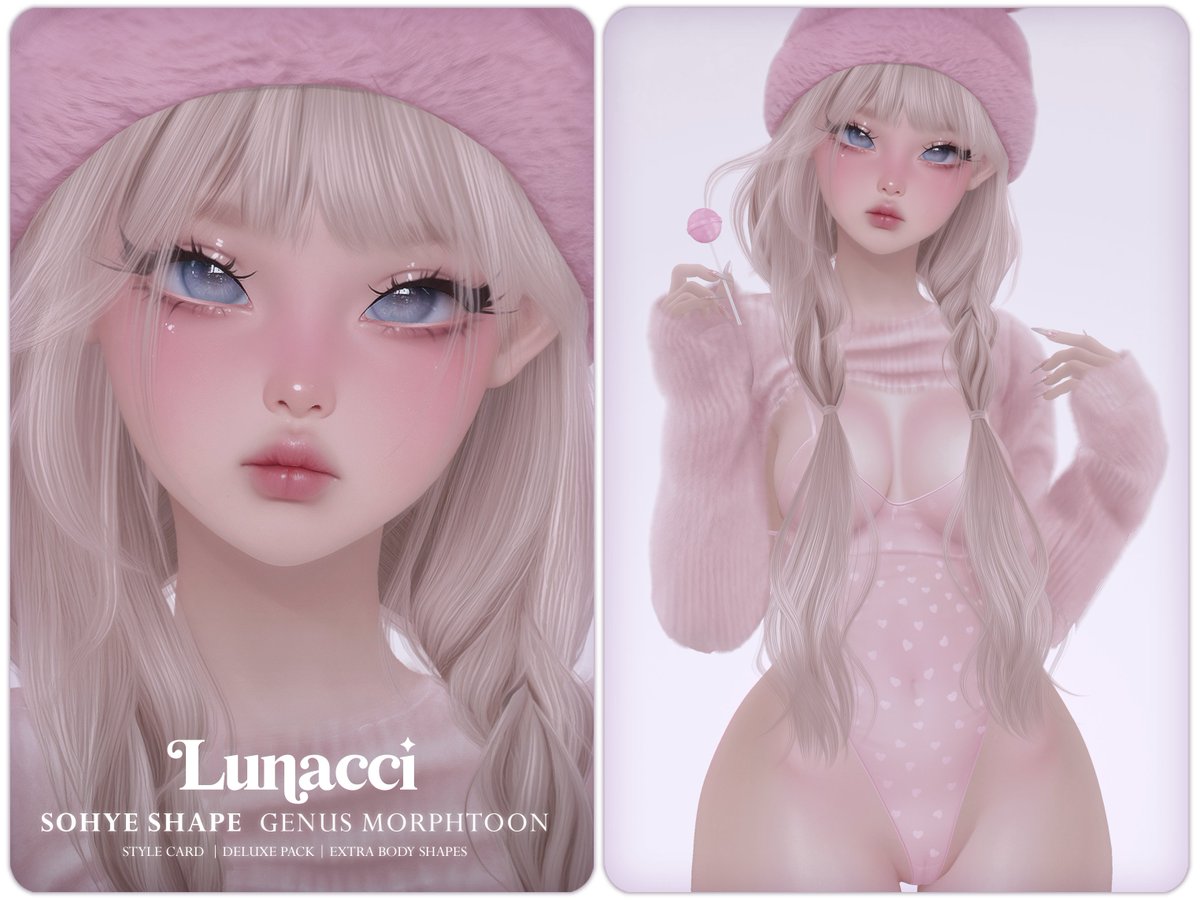 TTLunacci's tweet image. 💖 Sohye Shape (Genus Morphtoon)

› style card + video tips (face only)
› deluxe pack
› reborn, legacy, larax
› base eyes | works only with bom eyes.

› full body: i.ibb.co/PZd5HRX6/Sohye…

📌 MARKETPLACE: marketplace.secondlife.com/stores/242306
🌟 SOCIAL MEDIA: linktr.ee/Lunacci