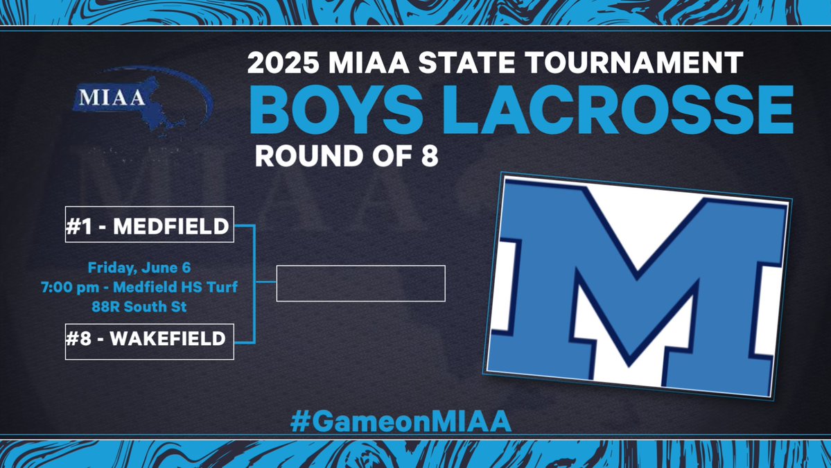 Medfield Athletics (@medfieldad) on Twitter photo D3 <a href="/MIAA033/">MIAA</a> Boys Lacrosse 🥍 Rd of 8:
<a href="/Med_Lax/">Medfield HS Lacrosse</a> (#1) vs. <a href="/WMHS_Warriors/">Wakefield Athletics</a> (#8)
📅 - Fri (6/6)
🕡 - 7:00 pm
📍 - MHS Turf
🎟️ - GoFan.Co (only)
<a href="/coachmace/">Michael Mason</a> <a href="/TVLSportsMa/">TVL Sports Updates</a> <a href="/HometownWeekly/">Hometown Weekly</a> <a href="/MetroWestSports/">Daily News Sports</a> <a href="/GlobeSchools/">Boston Globe Schools</a> <a href="/BostonHeraldHS/">Danny Ventura</a> <a href="/BConn63/">Brendan Connelly</a> <a href="/TrevorHass/">Trevor Hass</a> D3 <a href="/MIAA033/">MIAA</a> Boys Lacrosse 🥍 Rd of 8:
<a href="/Med_Lax/">Medfield HS Lacrosse</a> (#1) vs. <a href="/WMHS_Warriors/">Wakefield Athletics</a> (#8)
📅 - Fri (6/6)
🕡 - 7:00 pm
📍 - MHS Turf
🎟️ - GoFan.Co (only)
<a href="/coachmace/">Michael Mason</a> <a href="/TVLSportsMa/">TVL Sports Updates</a> <a href="/HometownWeekly/">Hometown Weekly</a> <a href="/MetroWestSports/">Daily News Sports</a> <a href="/GlobeSchools/">Boston Globe Schools</a> <a href="/BostonHeraldHS/">Danny Ventura</a> <a href="/BConn63/">Brendan Connelly</a> <a href="/TrevorHass/">Trevor Hass</a>
