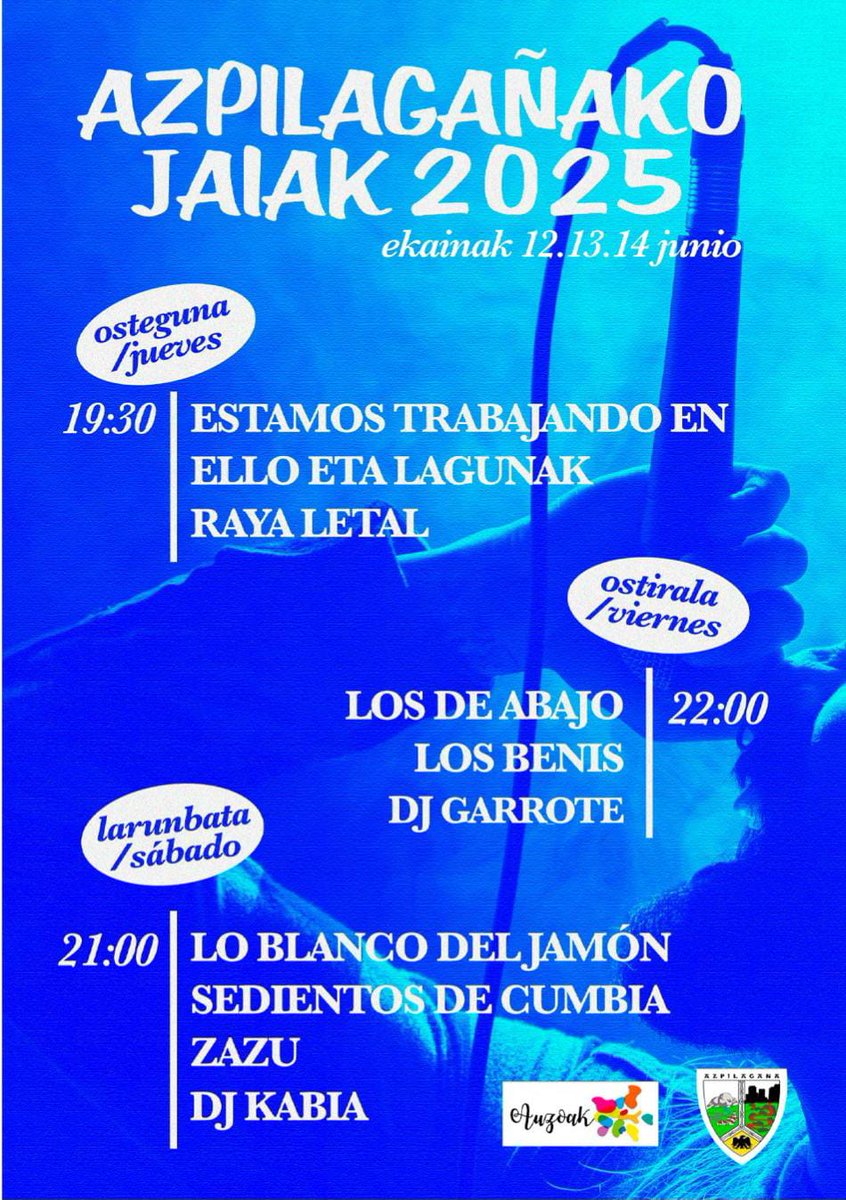 Iristear daude Azpilagañako jaiak✨️

Batu antolatu dugun gazte egitarauera!

Txartelak Heminway eta Galar tabernetan salgai daude!

Gora Azpilagañako jaiak⚡️