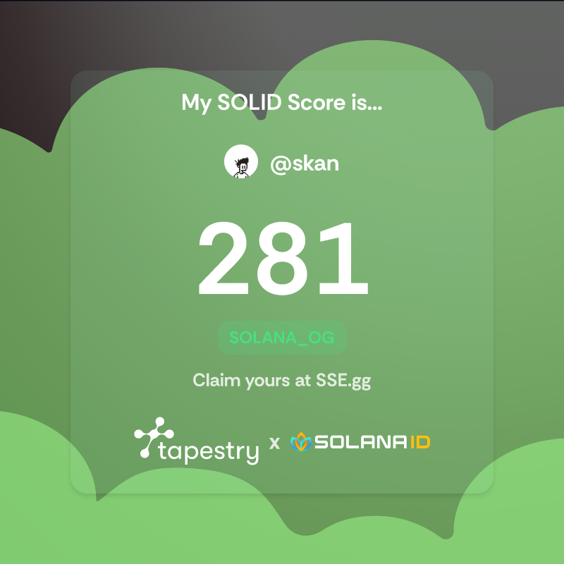 skan_xyz's tweet image. My SOLID Score is 281 — in the top 1% on $SSE
Can you beat me? Reveal your @usetapestry x @solanaidentity SOLID score on SSE