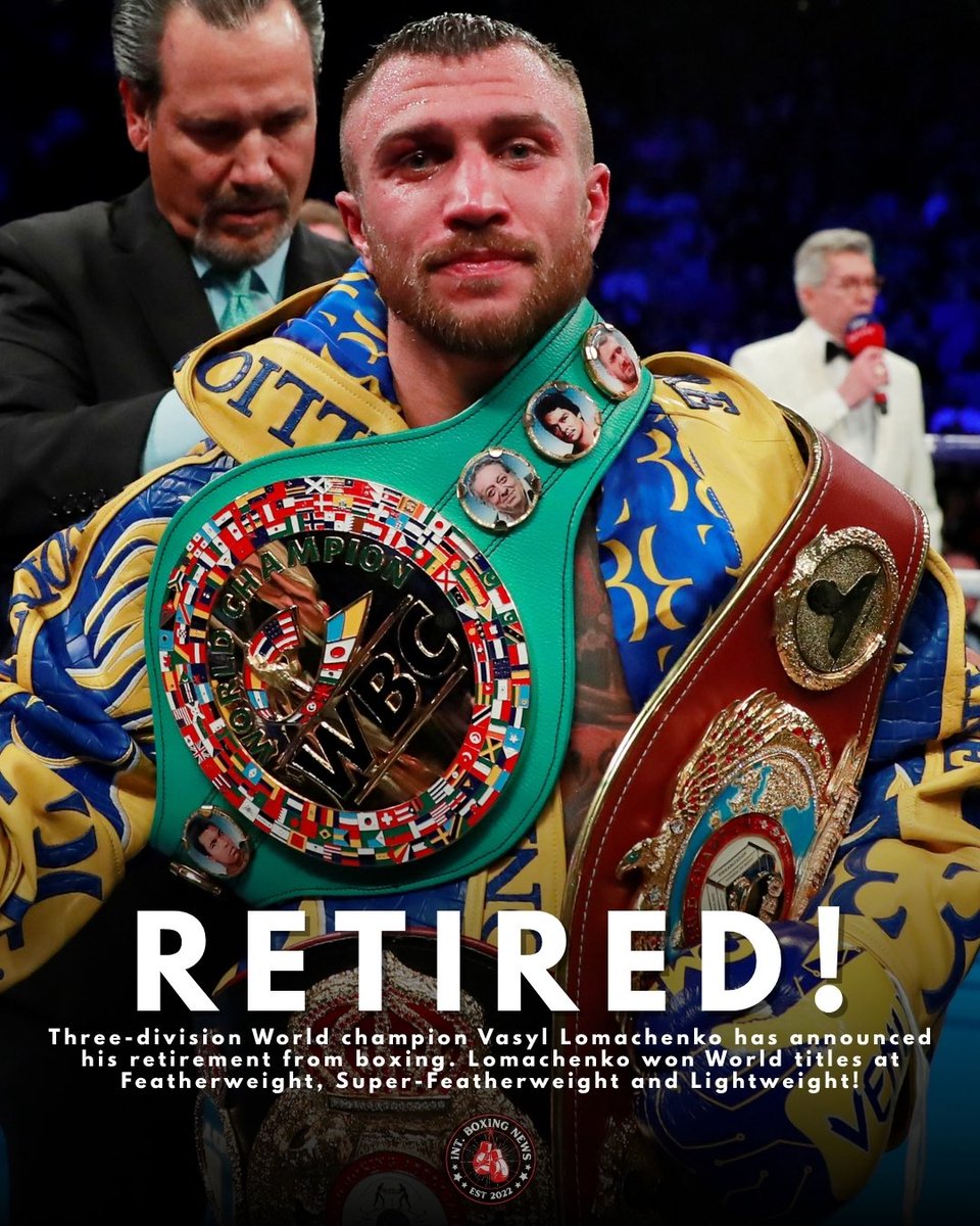 🥊 LOMACHENKO ANNOUNCES RETIREMENT! 

Three-division World champion <a href="/VasylLomachenko/">LOMA</a> has announced his retirement from boxing‼️

Lomachenko secured World titles at Featherweight, Super-Featherweight and Lightweight!💥

#VasylLomachenko