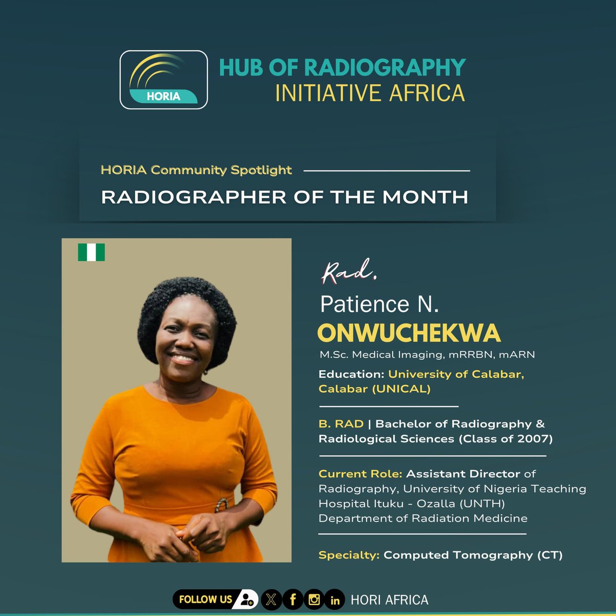 📢‼️ RADIOGRAPHER OF THE MONTH AT UNTH

HORI AFRICA proudly award
Rad. Patience N. Onwuchekwa
Assistant Director of Radiography at UNTH

This is in recognition of her dedication and commitment to excellence in the Radiography profession

#Horiafrica #celebratingexcellence