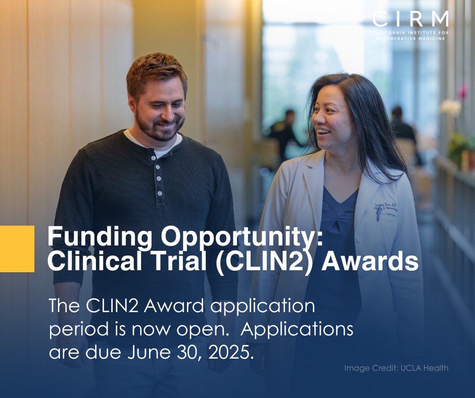 CIRM’s Clinical Trial (CLIN2) Awards accelerate the development of regenerative medicine therapies for serious unmet medical needs. Our goal is to help these therapies progress toward FDA approval, improving patient care in California. Learn more at cirm.ca.gov/clinical/