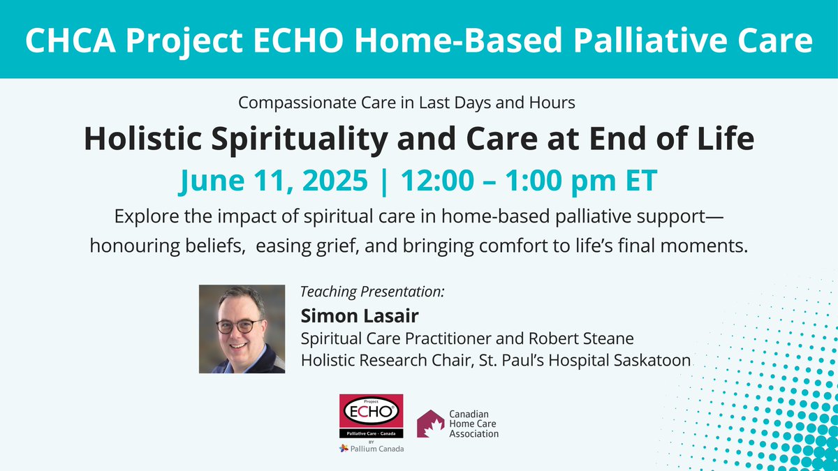 CdnHomeCare's tweet image. Recognizing and addressing a person’s unique spiritual needs is a crucial element of home-based palliative care; offering comfort, dignity, and support to patients, families, and caregivers at end-of-life.
This ECHO session will explore the role of holistic spiritual care,…