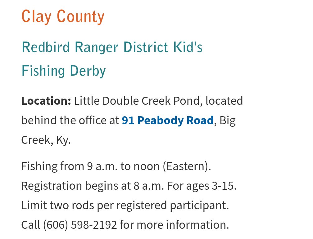 kyfisheriesse's tweet photo. Free fishing weekend also brings about fishing derbies! The @DanielBooneNF Redbird Ranger Station in Clay County is hosting a derby on Saturday June 7 from 9 AM EST-Noon! #FishKY https://t.co/ytFuSSOjfp