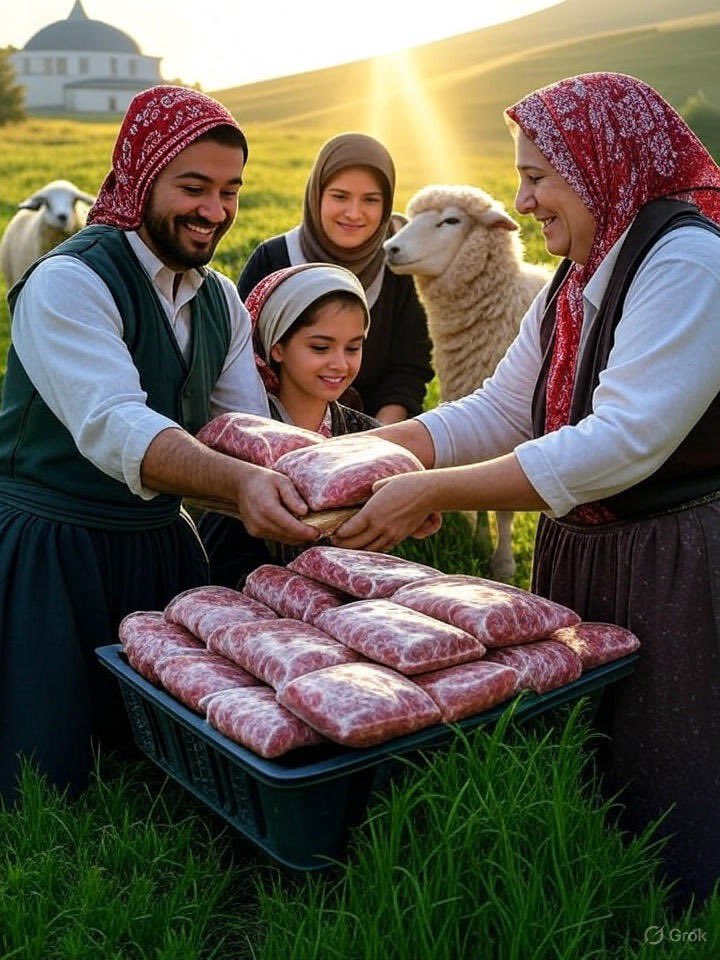 4️⃣ Paylaşma ve Toplumsal Dayanışma
Kurban Bayramı, paylaşma ve dayanışma ruhunu güçlendirir. Kesilen kurbanın eti üçe bölünür: bir kısmı aileye, bir kısmı akraba ve komşulara, bir kısmı ise ihtiyaç sahiplerine dağıtılır. Bu gelenek, zengin ile fakir arasında bir köprü kurar,