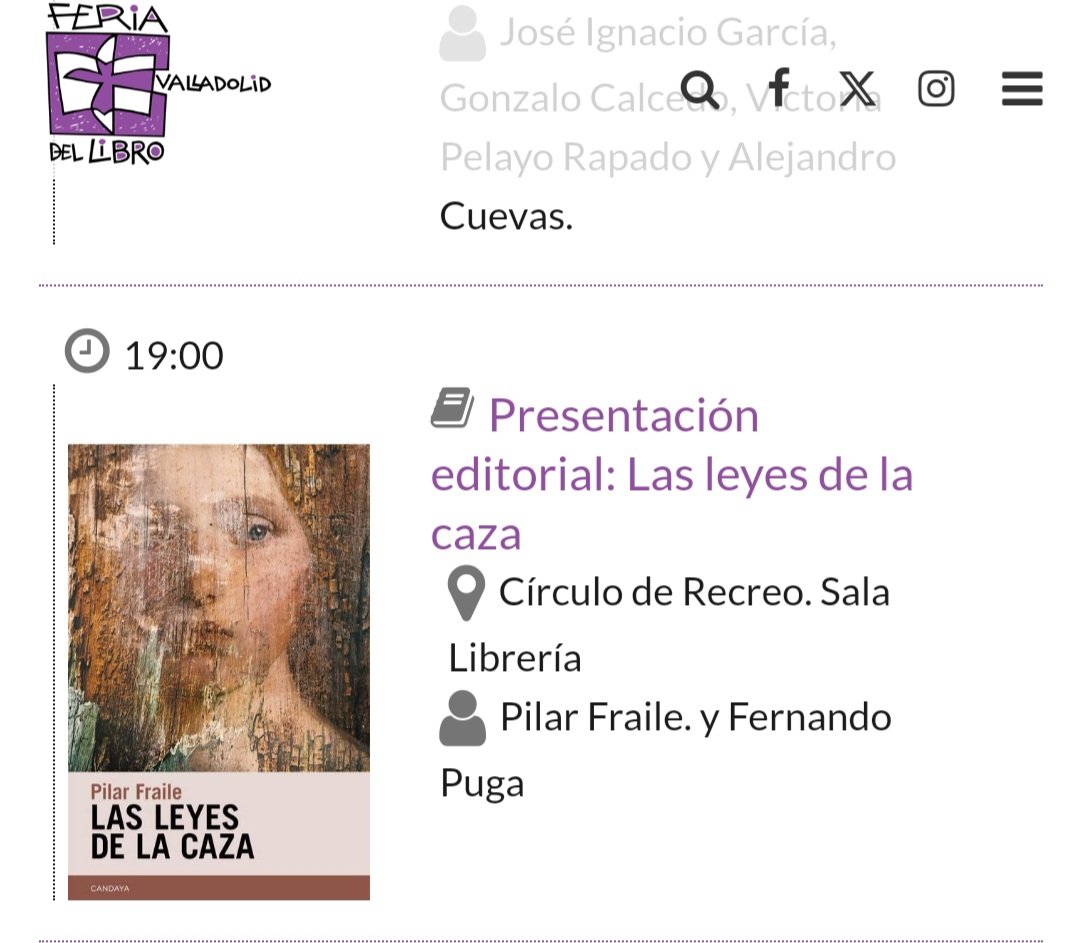 pilar fraile (@pilarfraile_) on Twitter photo Primera presentación de mi nueva novela 'Las leyes de la caza' en el maravilloso espacio de la <a href="/FerialibroVLL/">FeriaLibroVLL</a>.
Será este sábado 7 a las 19h. Ojalá podáis pasaros.
<a href="/EdCandaya/">Editorial Candaya</a>
<a href="/FernandoGPuga/">Fernando Puga</a>
<a href="/pedroojeda22/">Pedro Ojeda</a>
<a href="/VicLit_agency/">VicLit</a> Primera presentación de mi nueva novela 'Las leyes de la caza' en el maravilloso espacio de la <a href="/FerialibroVLL/">FeriaLibroVLL</a>.
Será este sábado 7 a las 19h. Ojalá podáis pasaros.
<a href="/EdCandaya/">Editorial Candaya</a>
<a href="/FernandoGPuga/">Fernando Puga</a>
<a href="/pedroojeda22/">Pedro Ojeda</a>
<a href="/VicLit_agency/">VicLit</a>